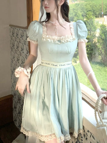 Blue Lace France Elegant Dress Women Puff Sleeve Evening Party Mini Dress Female Japanese Bow Sweet Kawaii Dress Summer New